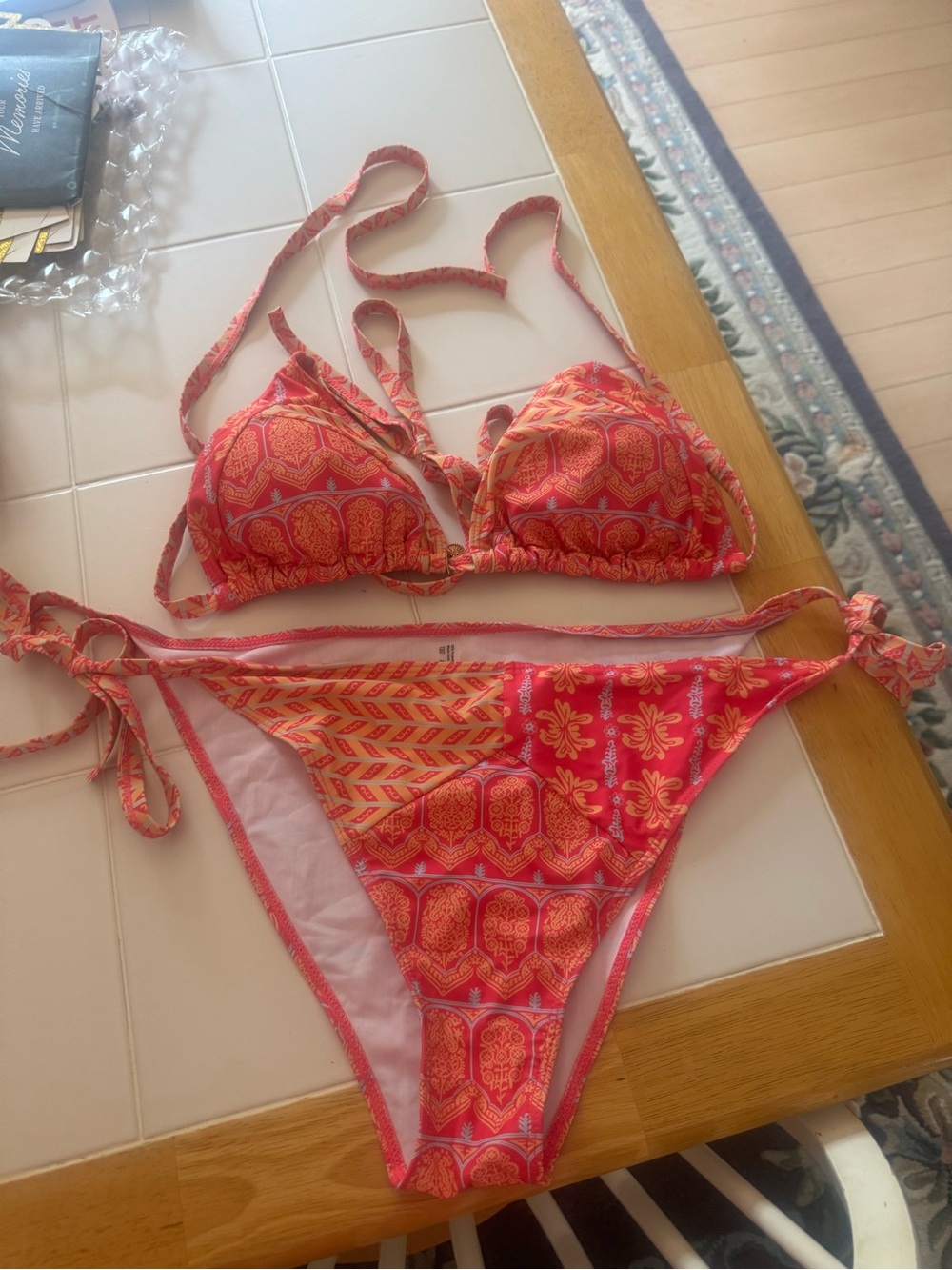 SHEIN Red Orange Printed Tie-Side Bikini Set